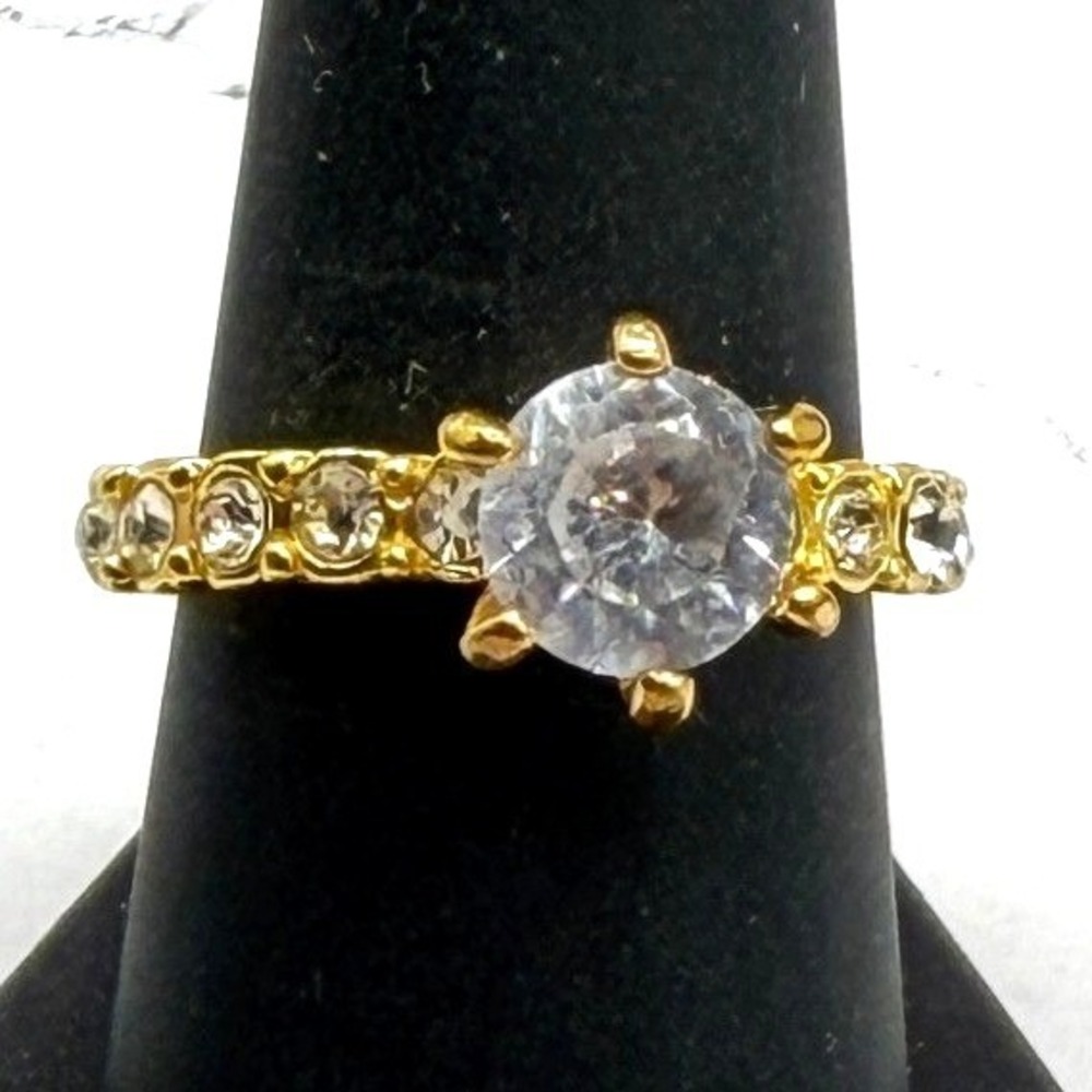 Gold Tone Clear Stone Ring Size 8.5 Solitaire Bridal Style Pageant VIDEO